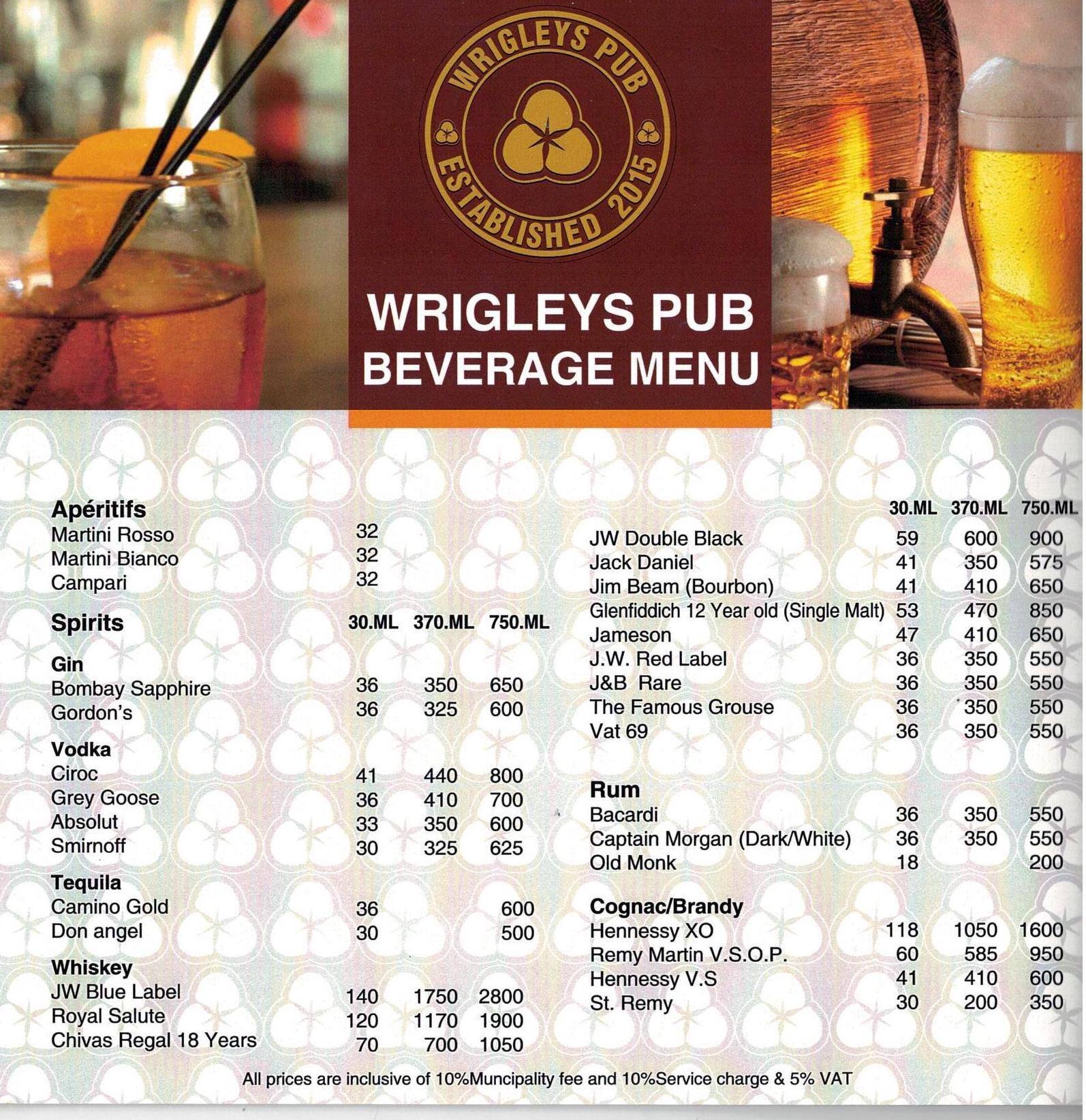 Menu at Wrigley's Pub, Dubai