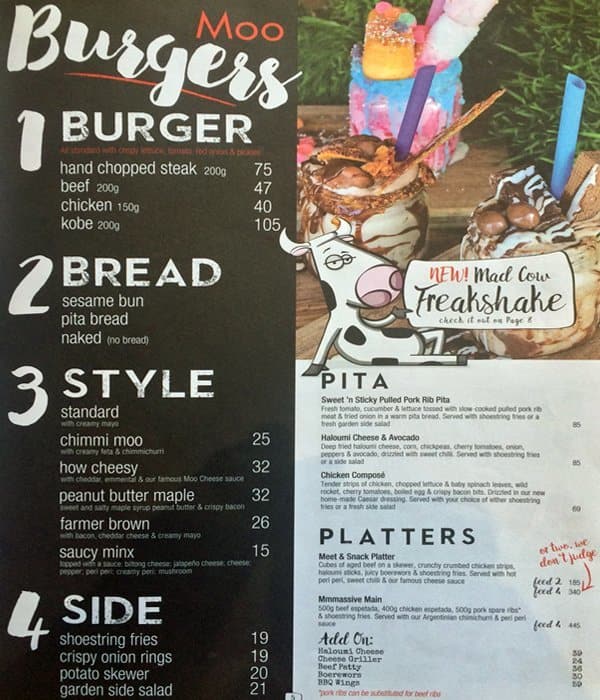 Menu au Moo Moo restaurant à viande, Pretoria, Cnr Atterbury & Lois ave