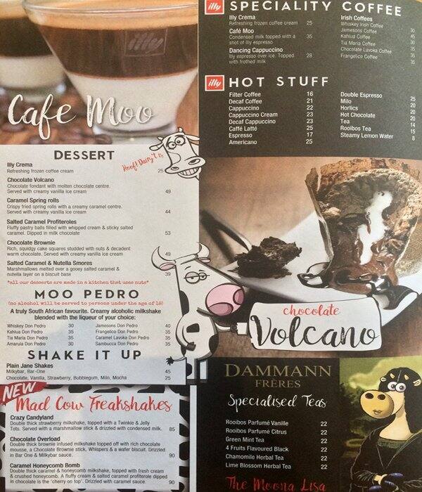 Menu au Moo Moo restaurant à viande, Pretoria, Cnr Atterbury & Lois ave
