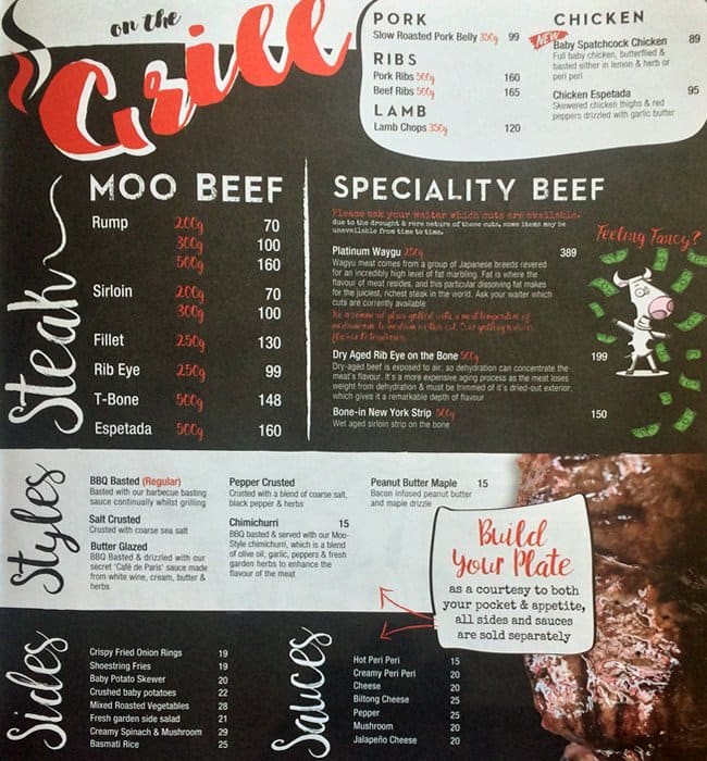 Menu au Moo Moo restaurant à viande, Pretoria, Cnr Atterbury & Lois ave