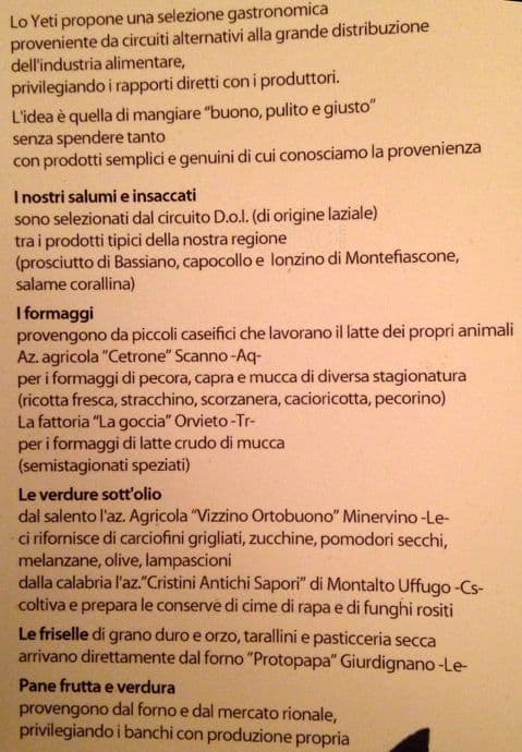 Menu di Lo Yeti 
