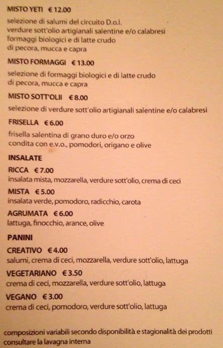 Menu di Lo Yeti 