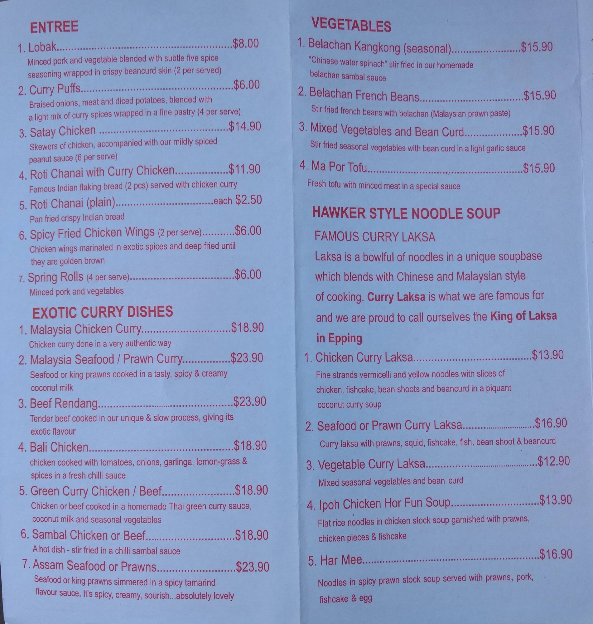 Menu at Penang Cuisine Epping restaurant, Epping