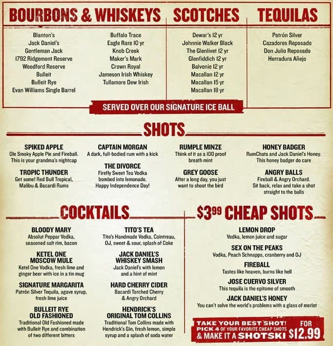 Twin Peaks Restaurant menu.