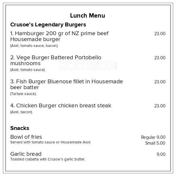 Crusoe's Cafe menu