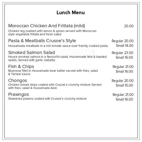 Crusoe's Cafe menu