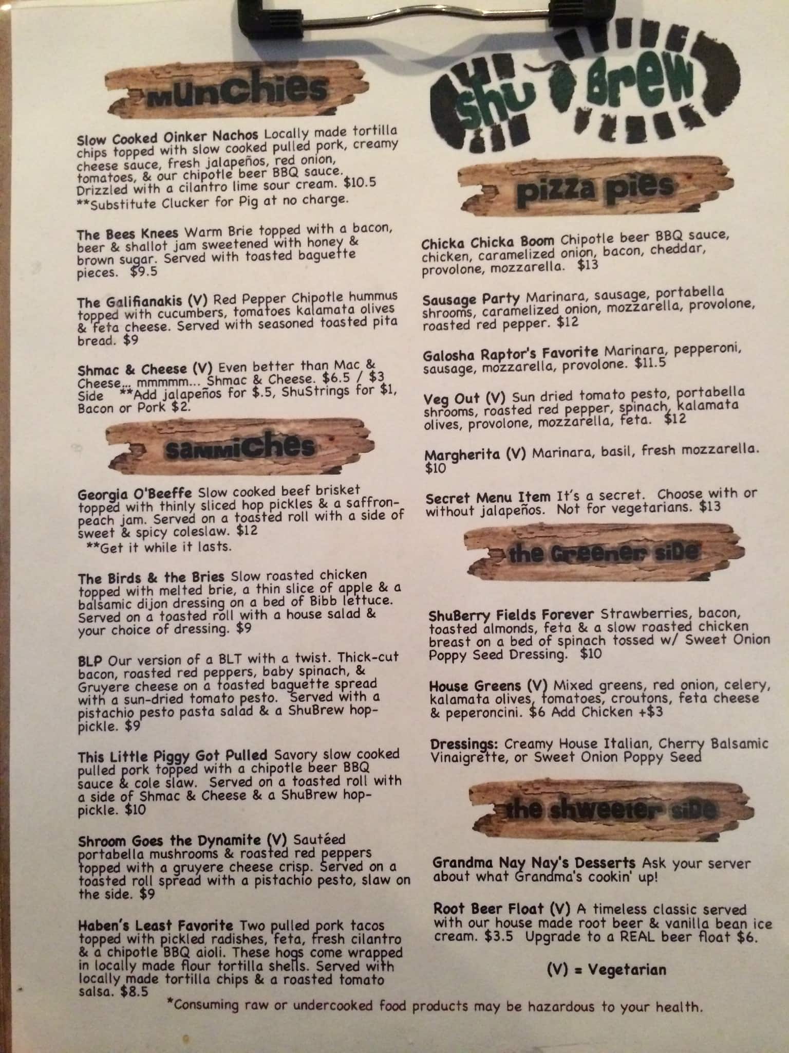 Menu at ShuBrew pub & bar, Zelienople