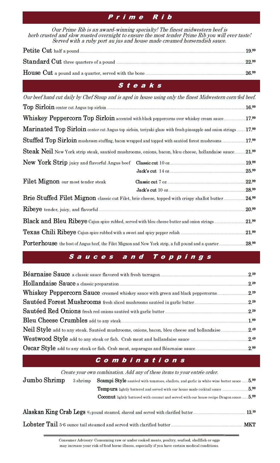 Menu at Mountain Jacks Steakhouse, Lafayette