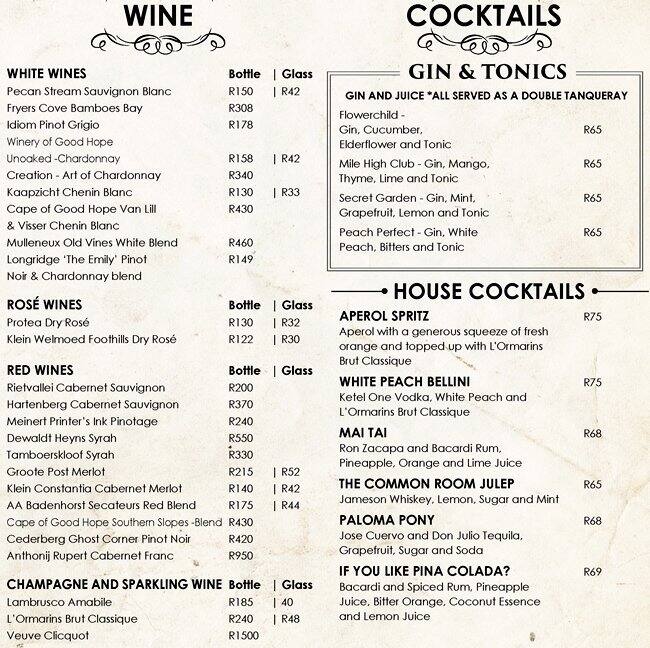 Menu at The Common Room pub & bar, Pretoria, Aramist Avenue