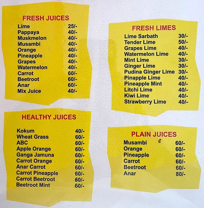 Menu of Juices, Electronic City, Bangalore