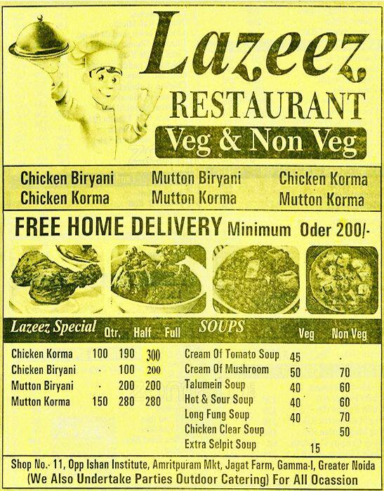 Lazeez Restaurant Menu, Menu for Lazeez Restaurant, Greater Noida