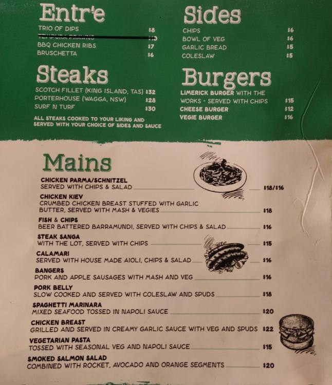 Limerick Castle Hotel Menu, Menu for Limerick Castle Hotel, North