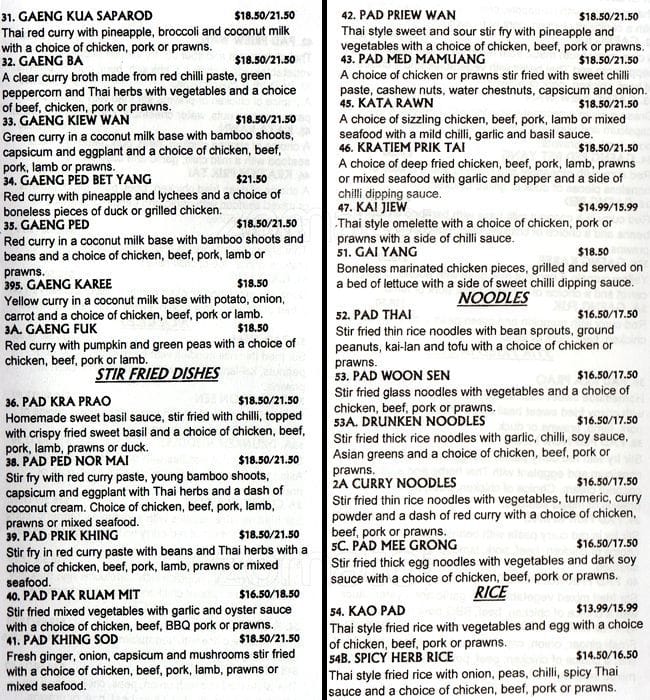 Menu at White Elephant restaurant, Bunbury