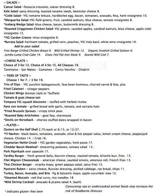 Menu at Yardley Inn restaurant, Yardley