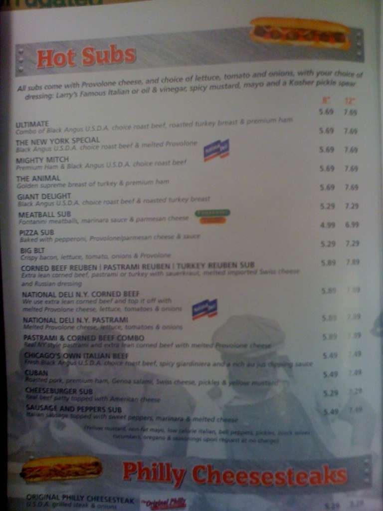 Larry's Giant Subs Menu, Menu for Larry's Giant Subs, Pinellas Park