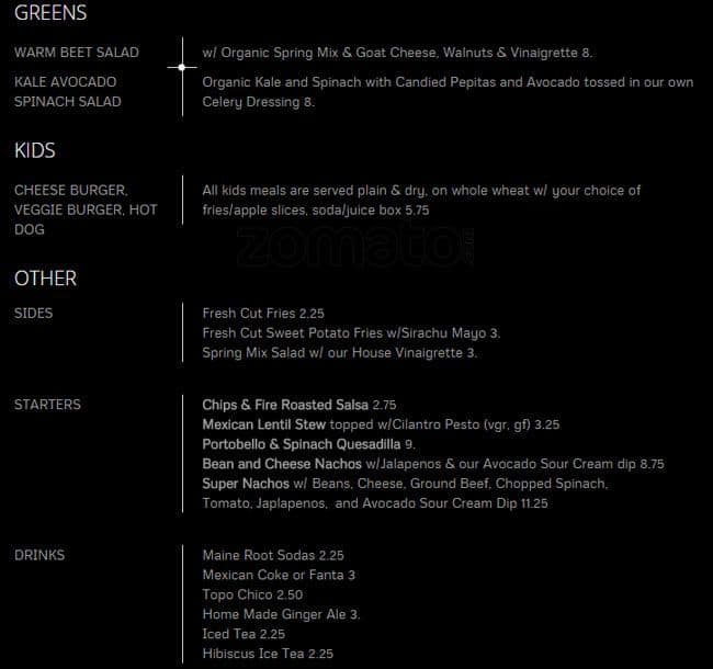 Menu at The Cove restaurant, San Antonio