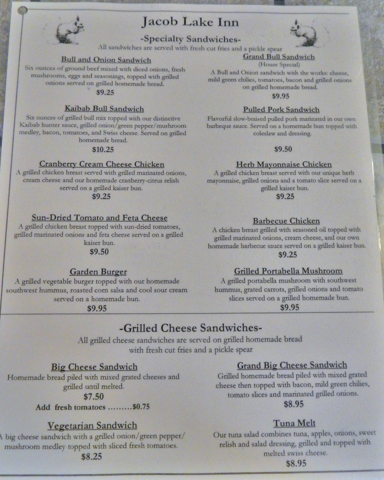 Jacob Lake Inn Menu, Menu for Jacob Lake Inn, Fredonia, Fredonia