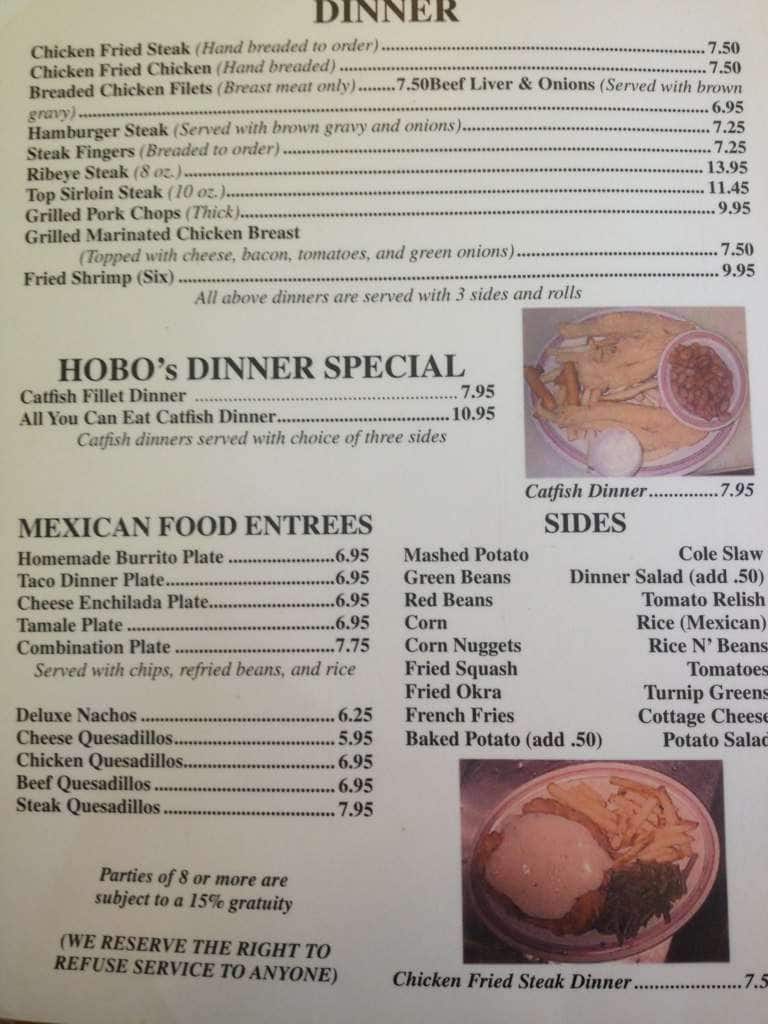 Menu at Hobo Joes pizzeria, Madill
