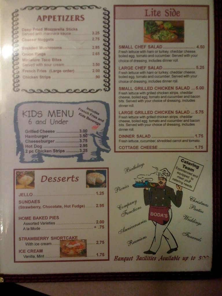 Menu at Boda's Restaurant, Fond du Lac