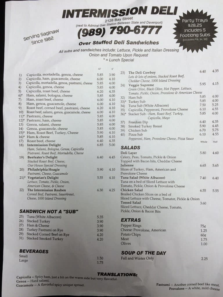 Menu at Intermission Deli restaurant, Saginaw