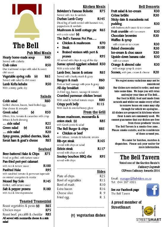 The Bell Tavern Menu, Menu for The Bell Tavern, Knysna, Western Cape