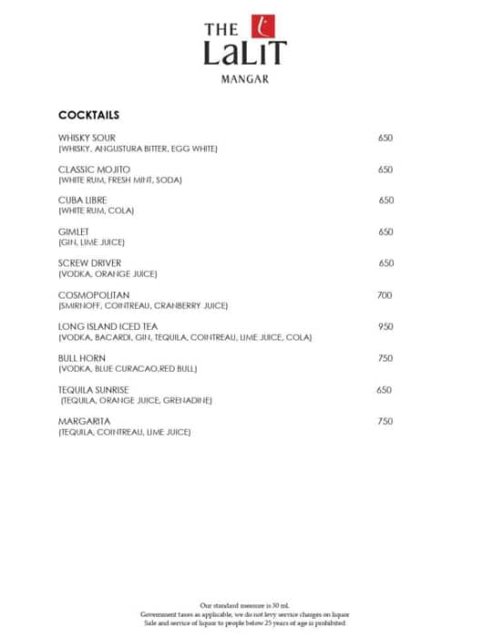 Menu Of Bar, Gwal Pahari, Gurgaon