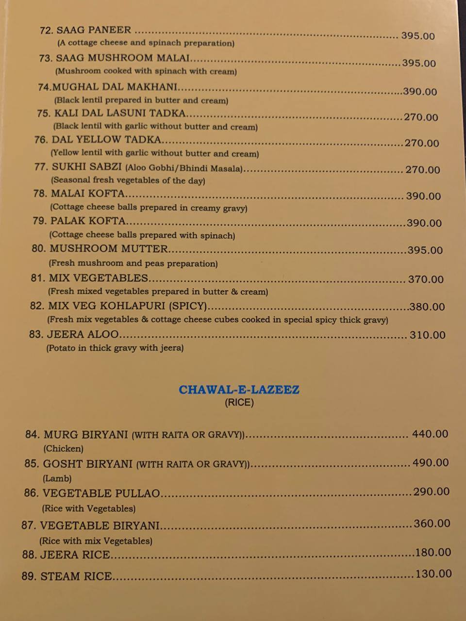 Mughal Mahal menu
