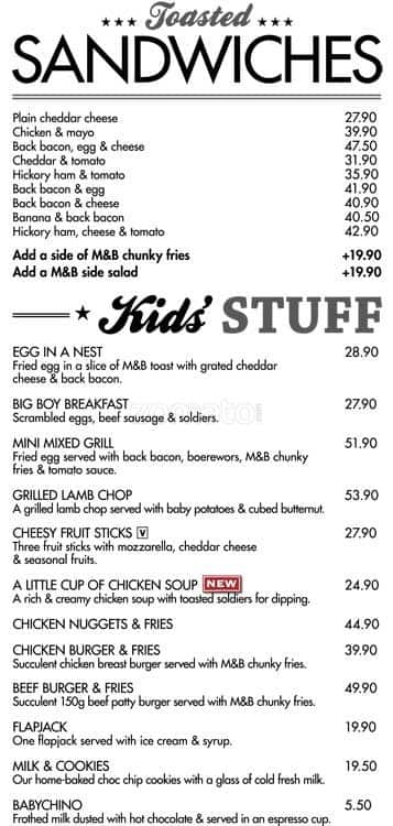 Mugg & Bean menu
