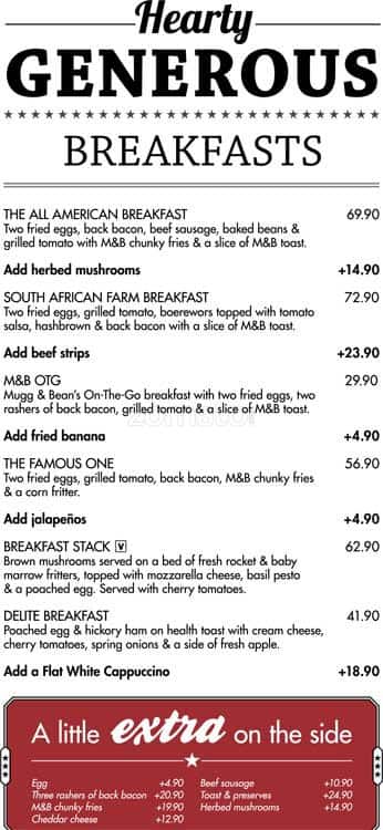 Mugg & Bean menu