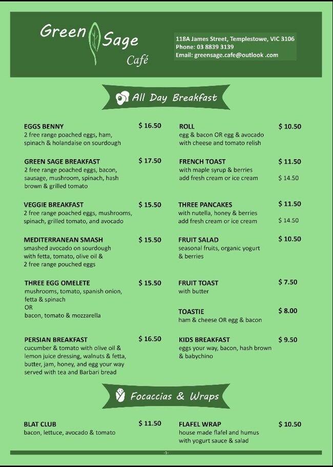 Green Sage Cafe Menu, Menu for Green Sage Cafe, Templestowe, Melbourne