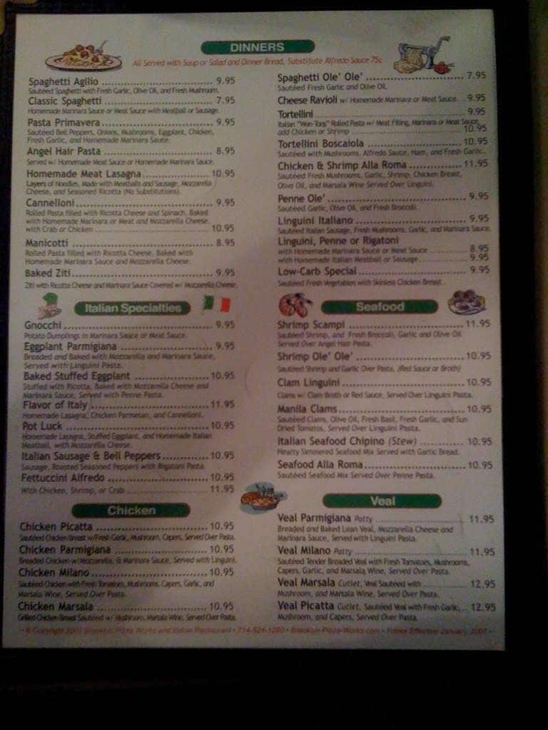 Menu at Brooklyn Pizza Works restaurant, Placentia