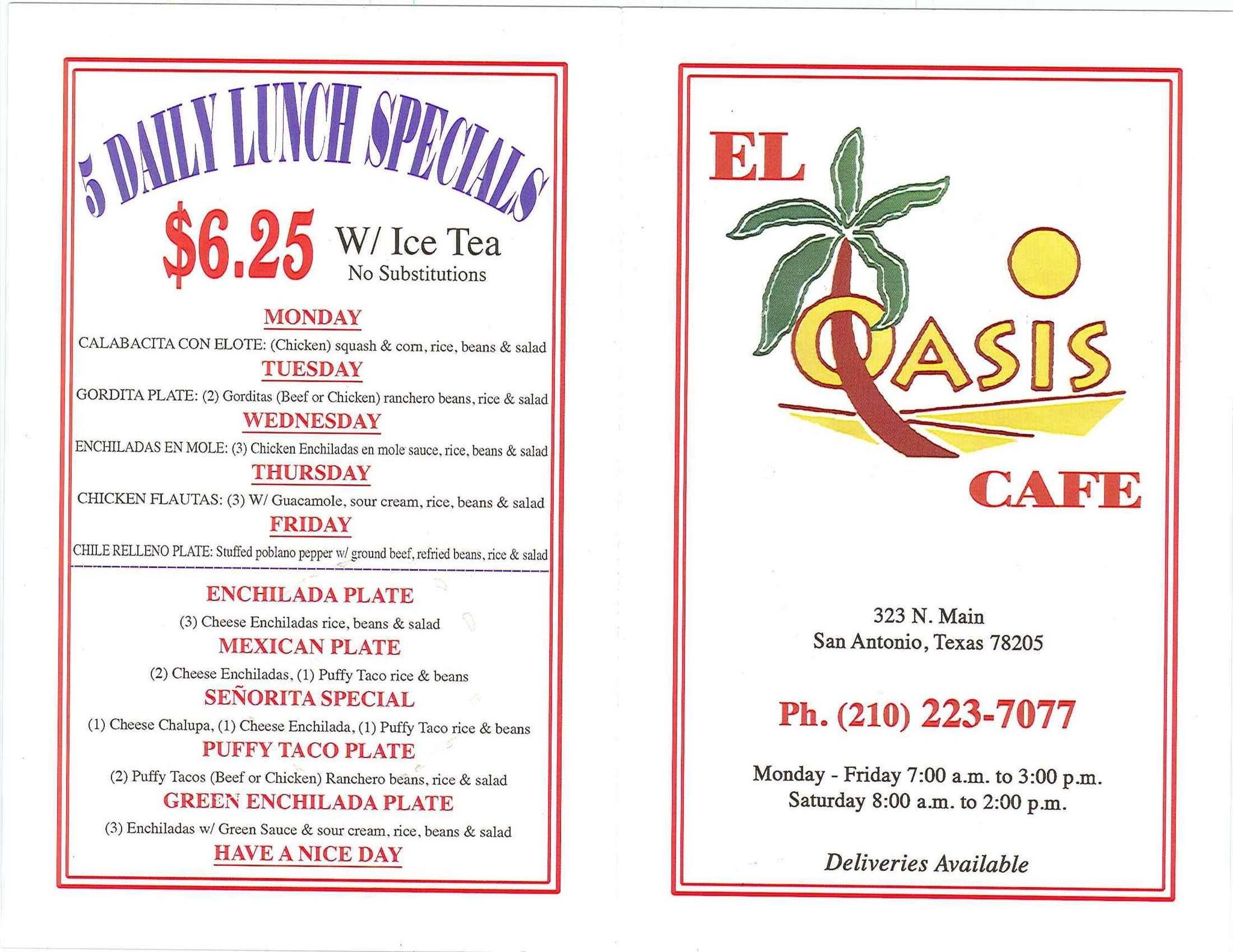 Oasis Cafe Menu, Menu for Oasis Cafe, Central Business District, San