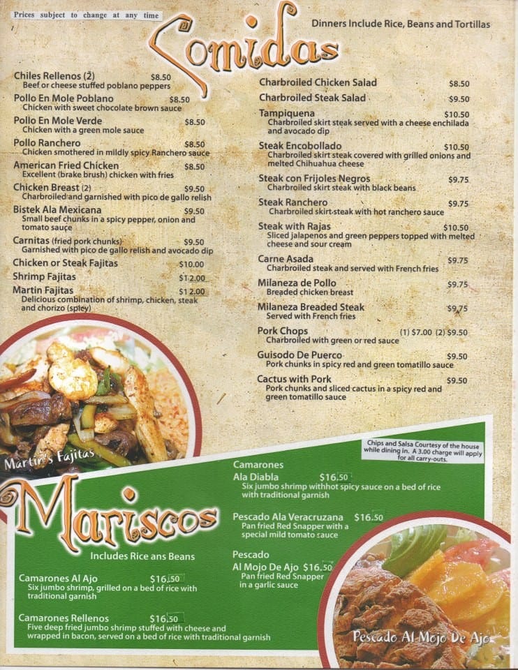 Menu at Santiago's Mexican Restaurante, Porter