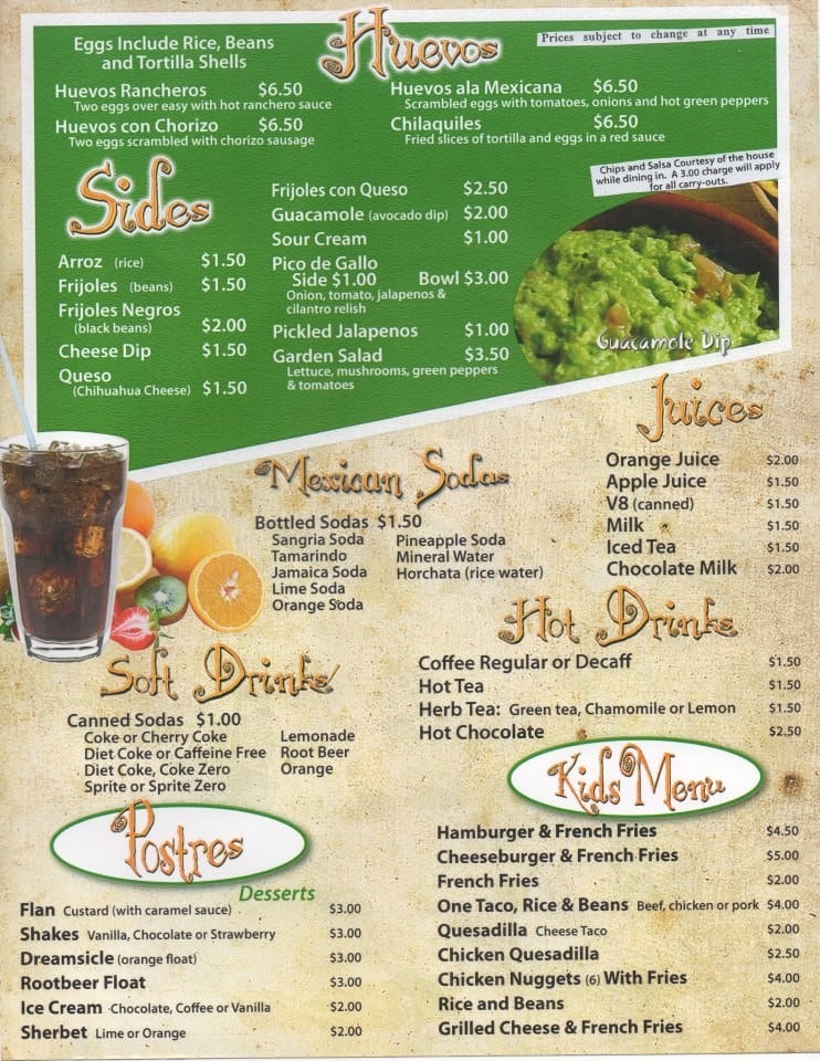 Menu at Santiago's Mexican Restaurante, Porter