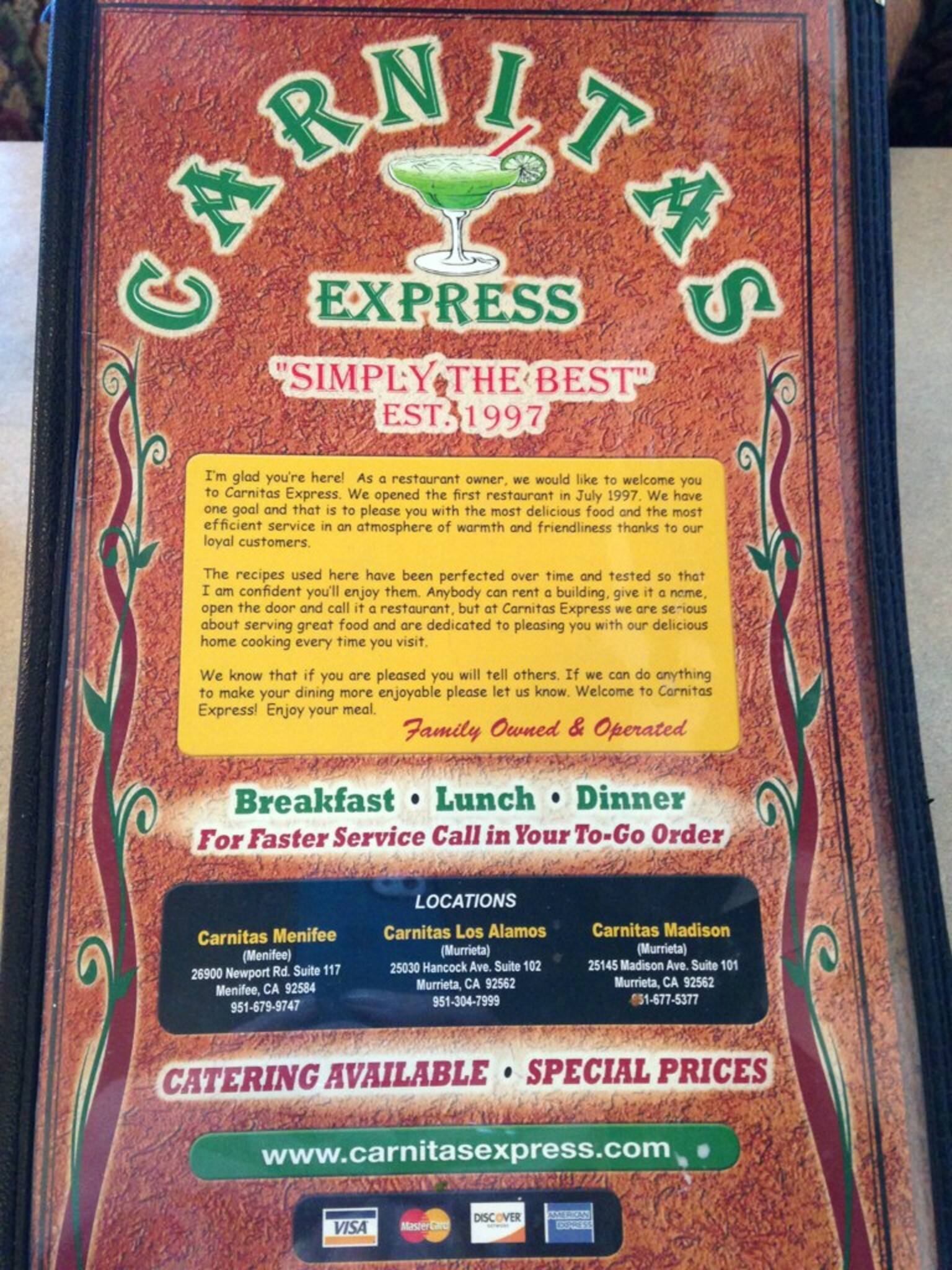 Carnitas Mexican Grill Menu, Menu for Carnitas Mexican Grill, Murrieta