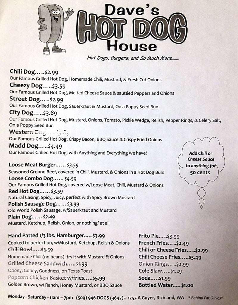 Menu at Dave's Hot Dog House restaurant, Richland