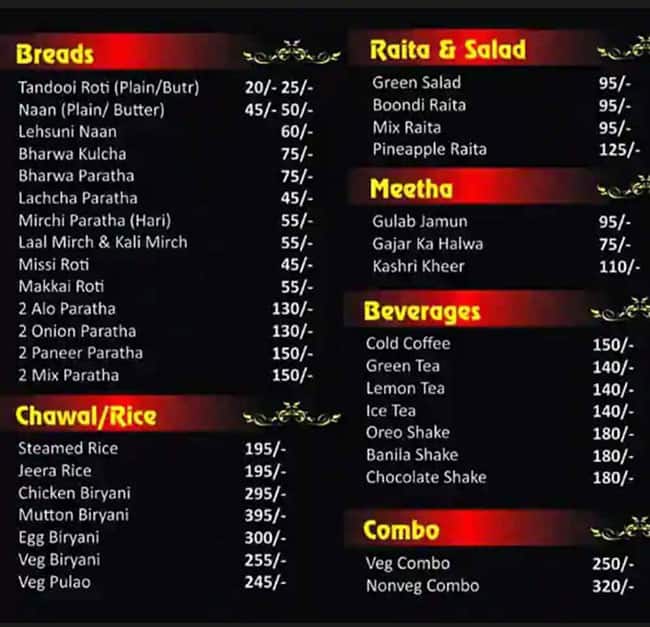 Menu of Paratha Factory, Kalkaji, New Delhi