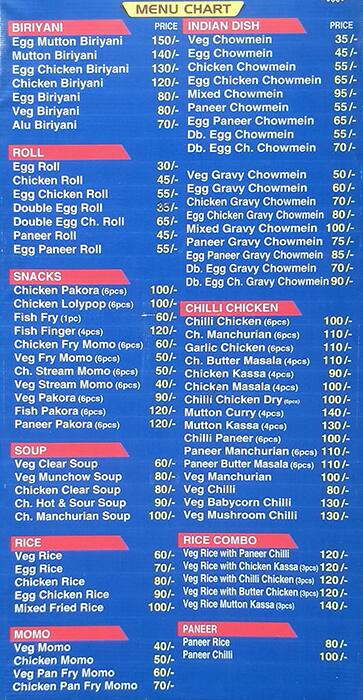 Chinese and Indian food menu