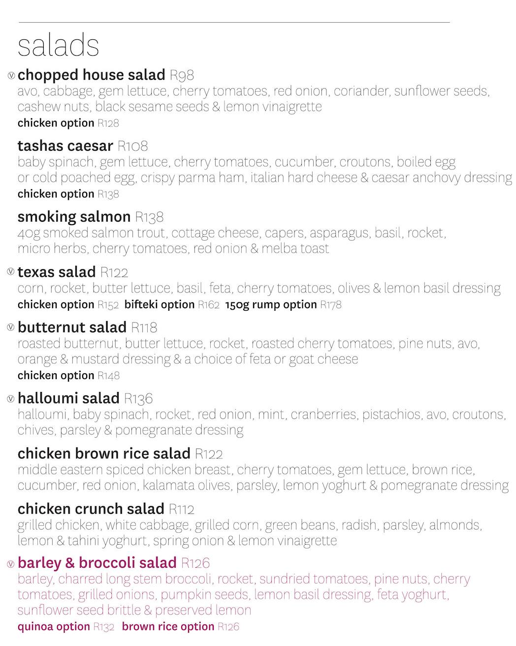 Menu at tashas Menlyn Maine restaurant, Pretoria, Ext2