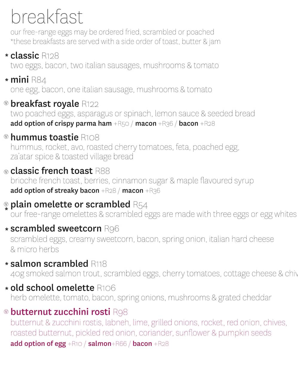 Menu at tashas Menlyn Maine restaurant, Pretoria, Ext2