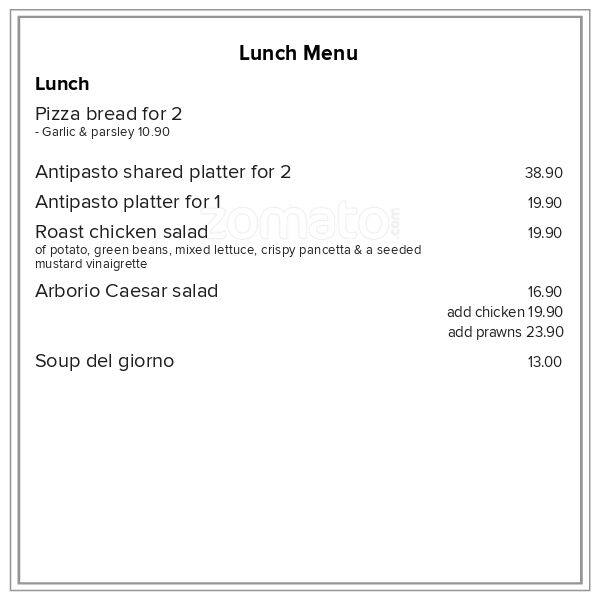 Menu at Arborio Restaurant, Cafe & Bar, New Zealand