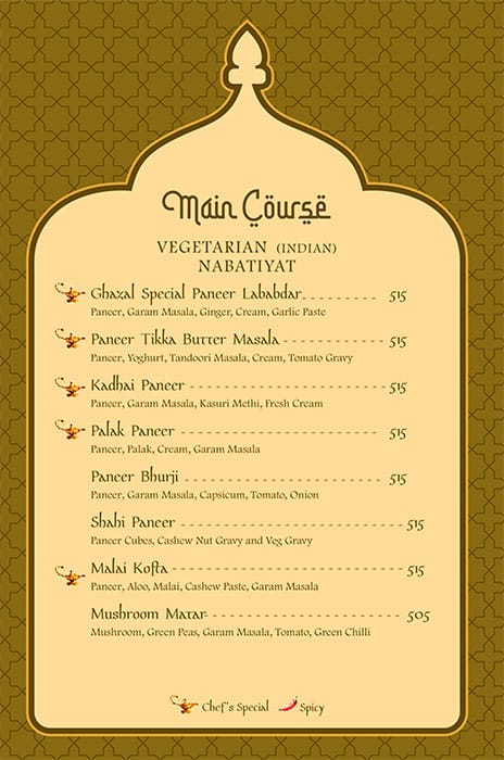 Ghazal Restaurant menu