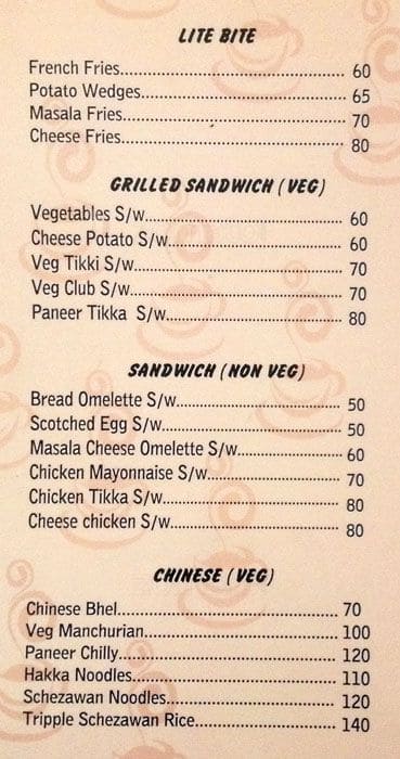 Cake Mania menu