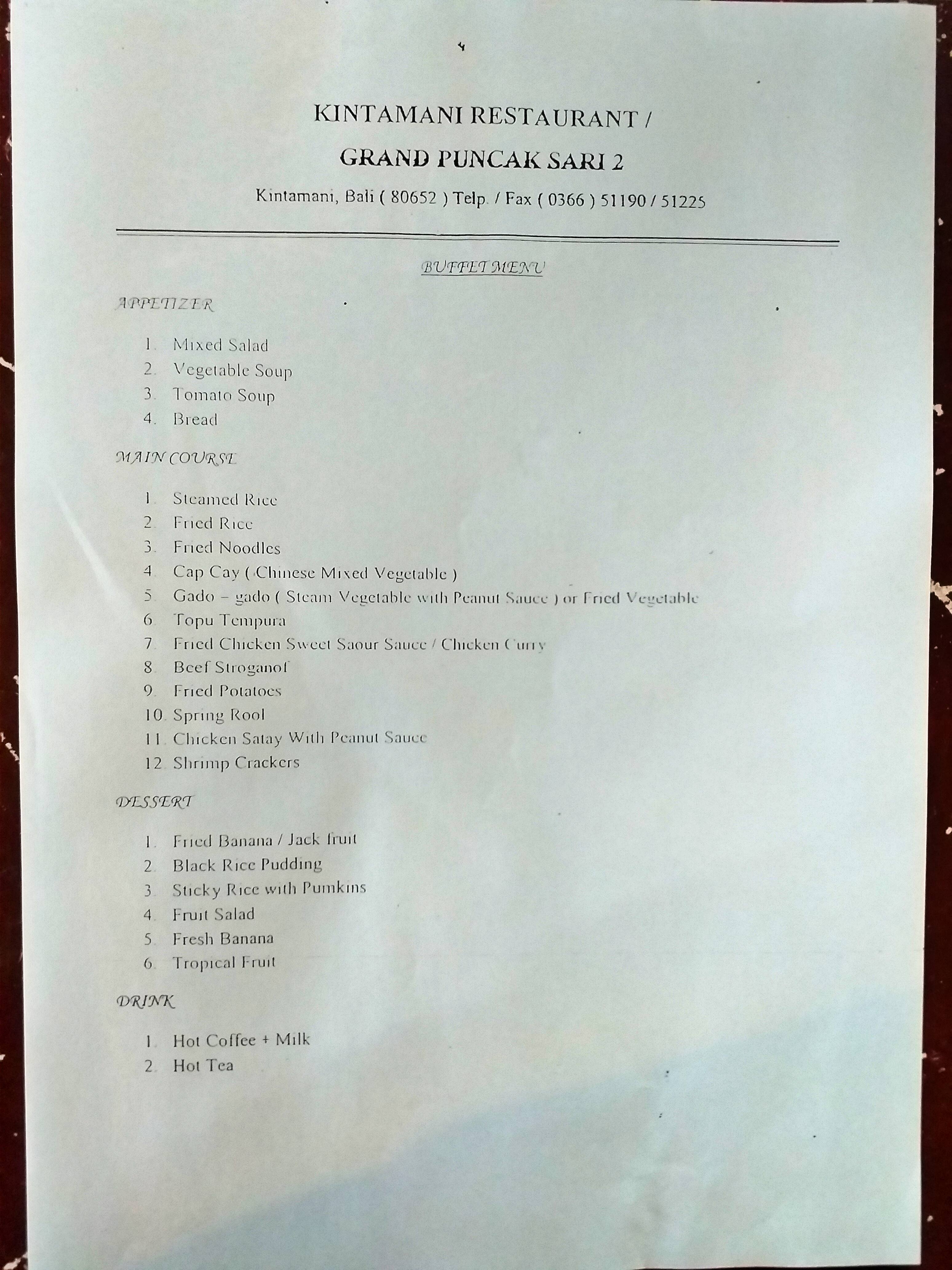 Menu at Kintamani Coffee Eco Bike Coffee restaurant, Central Batur