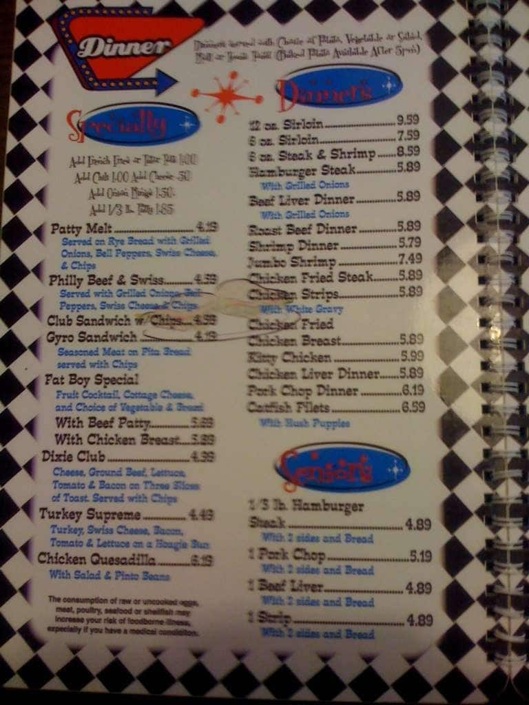 Menu at Dixie Diner restaurant, Nicoma Park