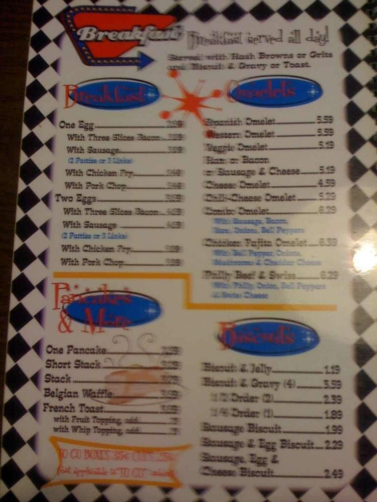 Menu at Dixie Diner restaurant, Nicoma Park