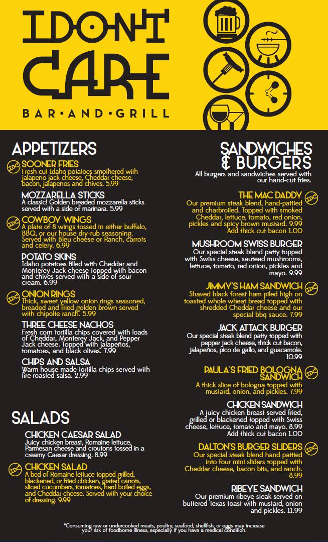 I Don T Care Bar And Grill Menu