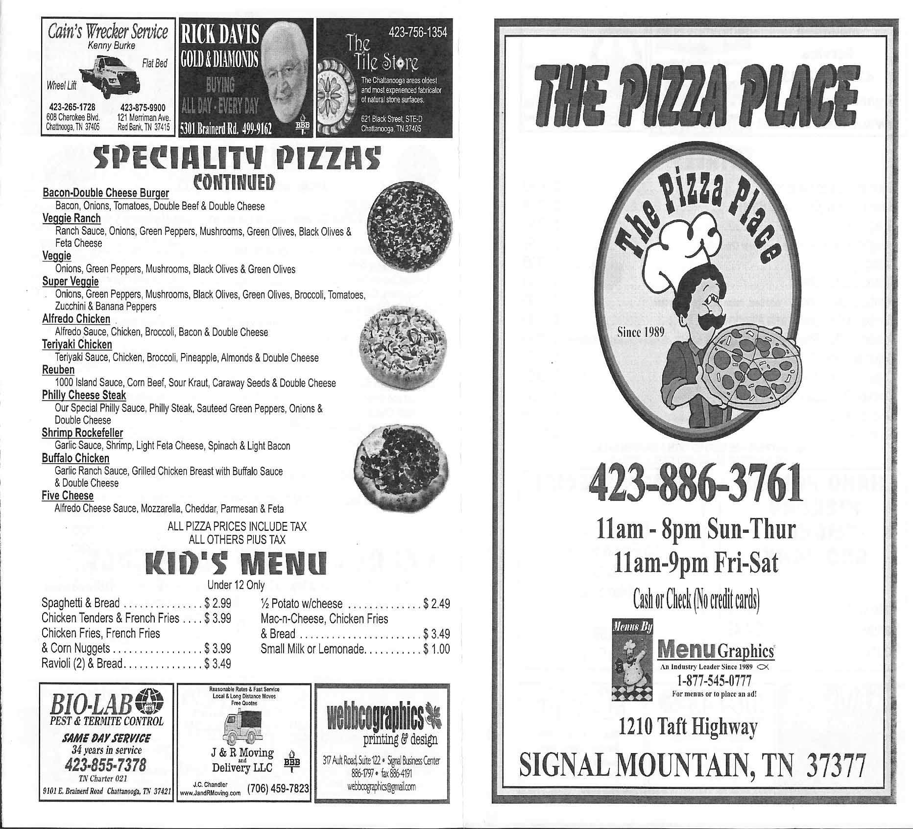 Pizza Place Menu, Menu for Pizza Place, Signal Mountain, Chattanooga