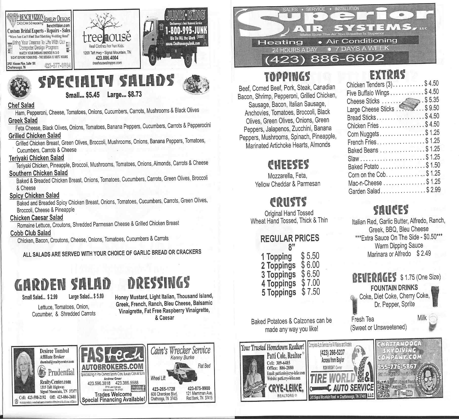 Menu at Pizza Place pizzeria, Signal Mountain