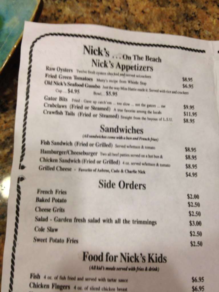 Nick's On The Beach Menu, Menu for Nick's On The Beach, Santa Rosa